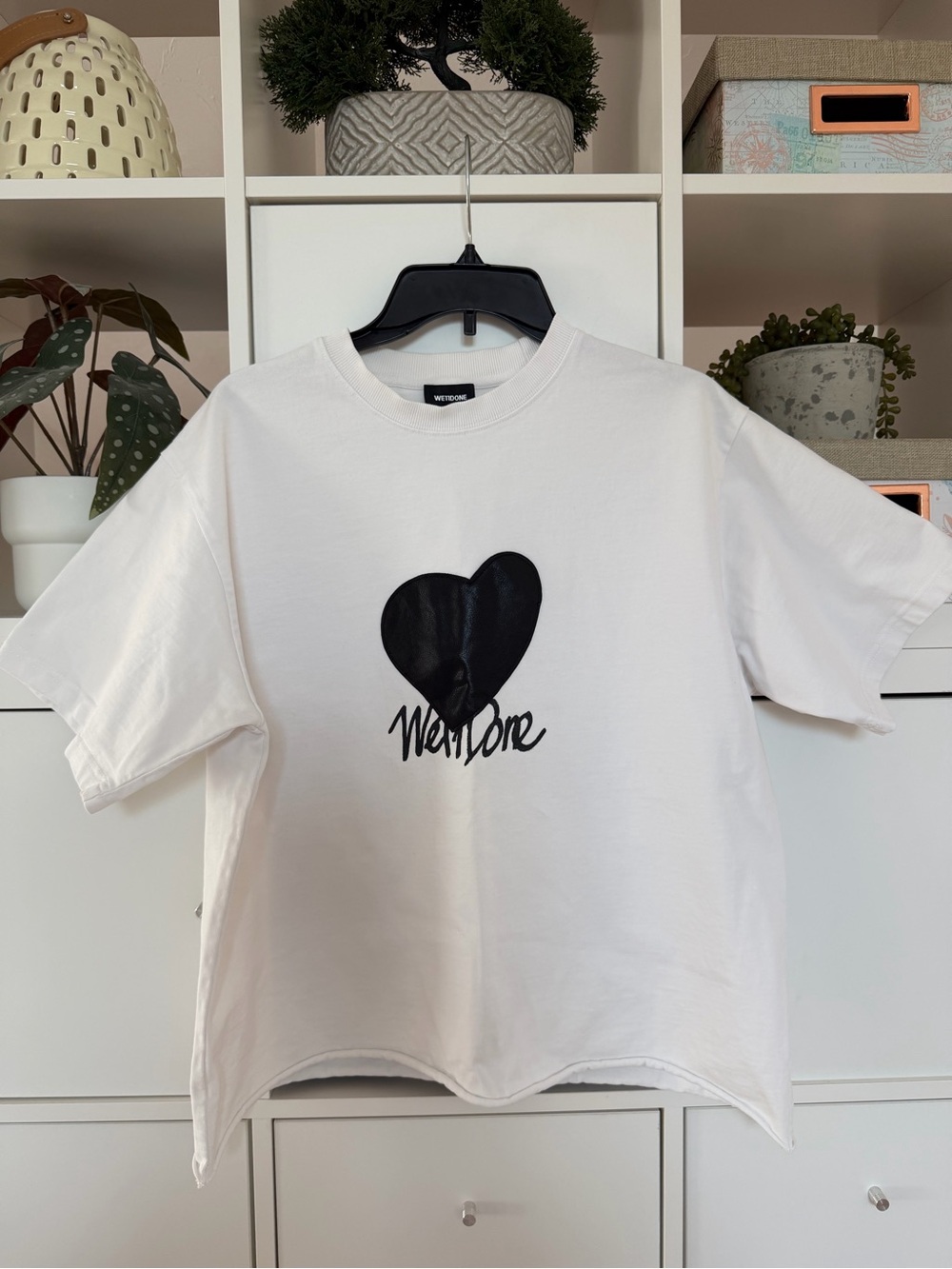 WE11DONE White Faux Leather Heart Boxy T-Shirt